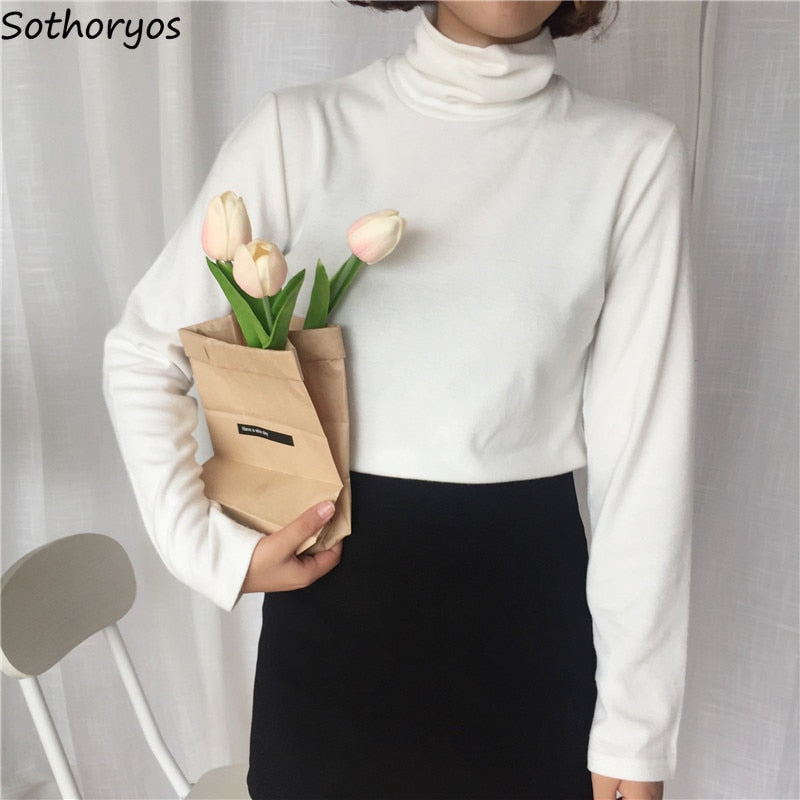 T-shirts Women Turtleneck Retro Chic Long Sleeve All-match Simple Student Daily Solid Sweet Womens Tshirt Korean Style Girls - Mammalook