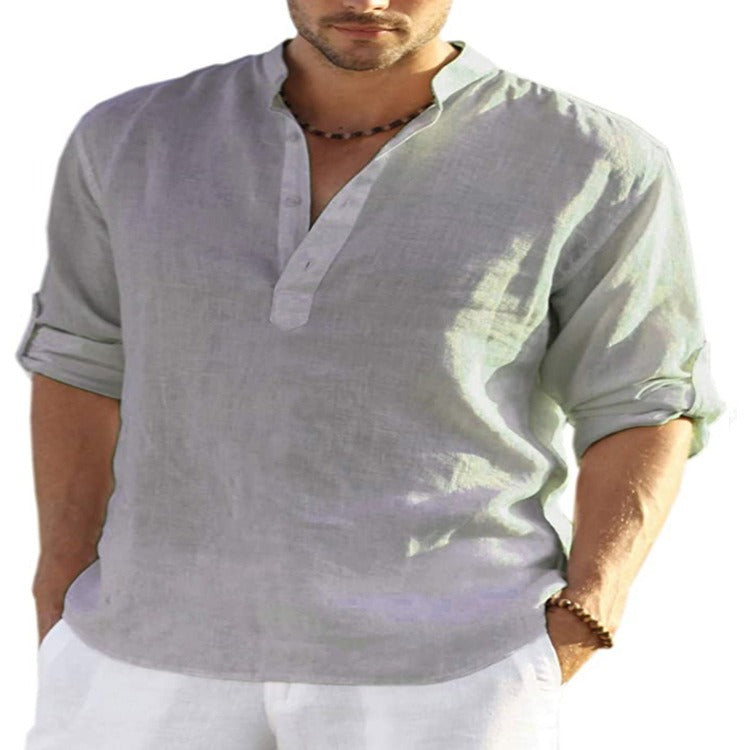 Mens Linen Long Sleeved T Shirt Loose Sweatshirt Solid Color Long Sleeved Cotton Linen Shirt Mens Large - Mammalook