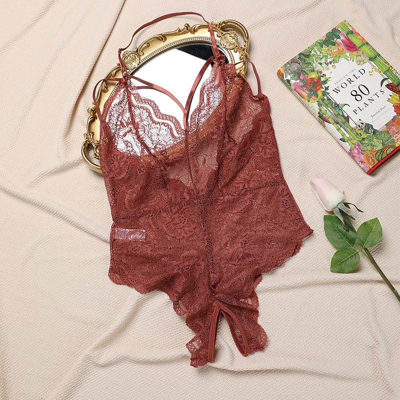Large Size Home Sexy Bodysuit Perspective Sexy Temptation Open Crotch Hollow Lace Sexy Lingerie - Mammalook