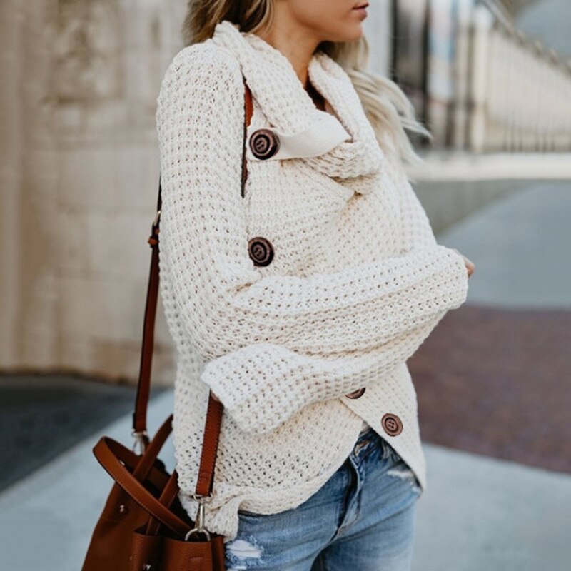 Women Turtleneck Knitted Sweaters Autumn Winter Solid Irregular Hem Long Sleeve Pullover Jumper Fashion Button Loose Sweater - Mammalook