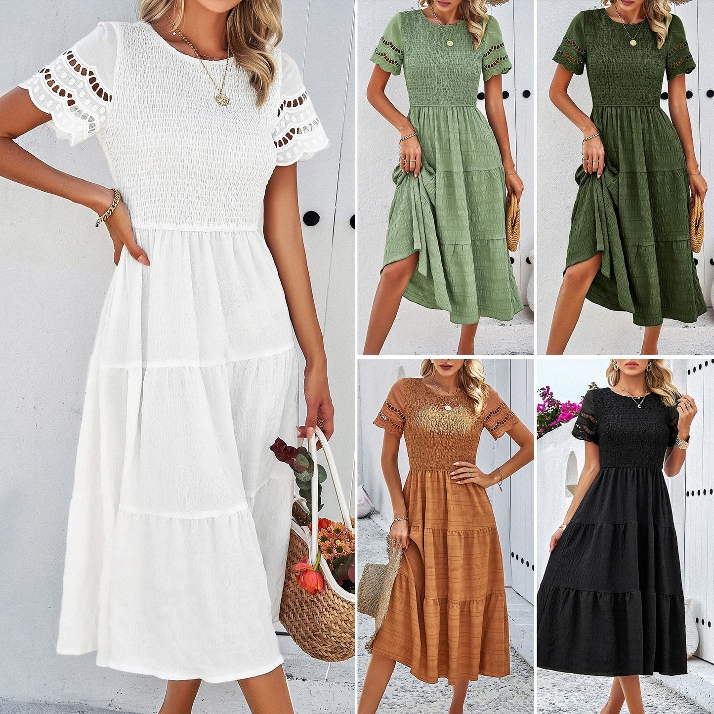 Spring and summer pure color temperament play sheath hollow dress - Mammalook