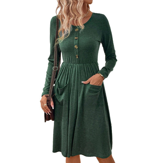 Waist collection round neck A-line skirt button pocket knitted long sleeved dress - Mammalook
