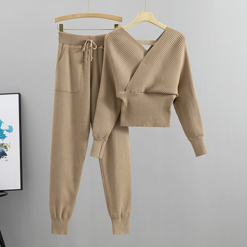 Double V-neck Sexy Off Shoulder Short Style Temperament Fashion Set Women's Spring Knit Two Piece Set - Mammalook