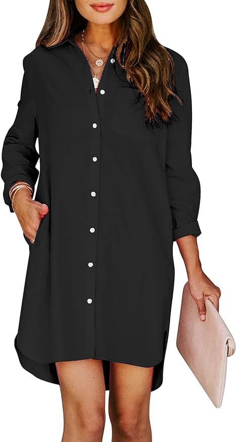 Women's button up shirt dress with pockets, cotton button up waist tied long sleeved solid color high and low shirt - Mammalook
