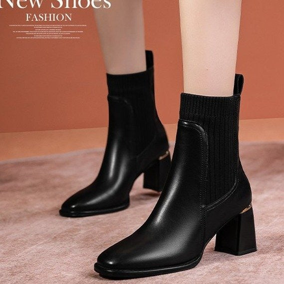 Spring, Autumn, and Winter New Women's Boots Thick Heel Square Head Short Boots Women's High Heel Knitted Woolen Socks Boots Elastic Martin Boots - Mammalook