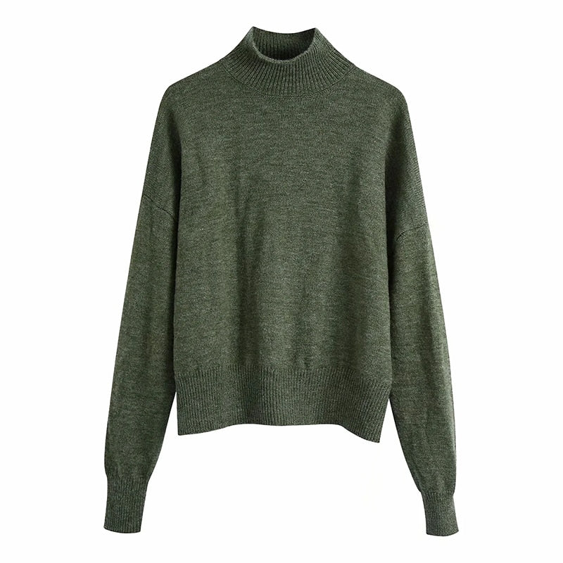 Women Fashion Solid Knit Sweater Top Long Sleeves High Neck Vintage Female Knitted Sweaters Pullover Chic Tops - Mammalook