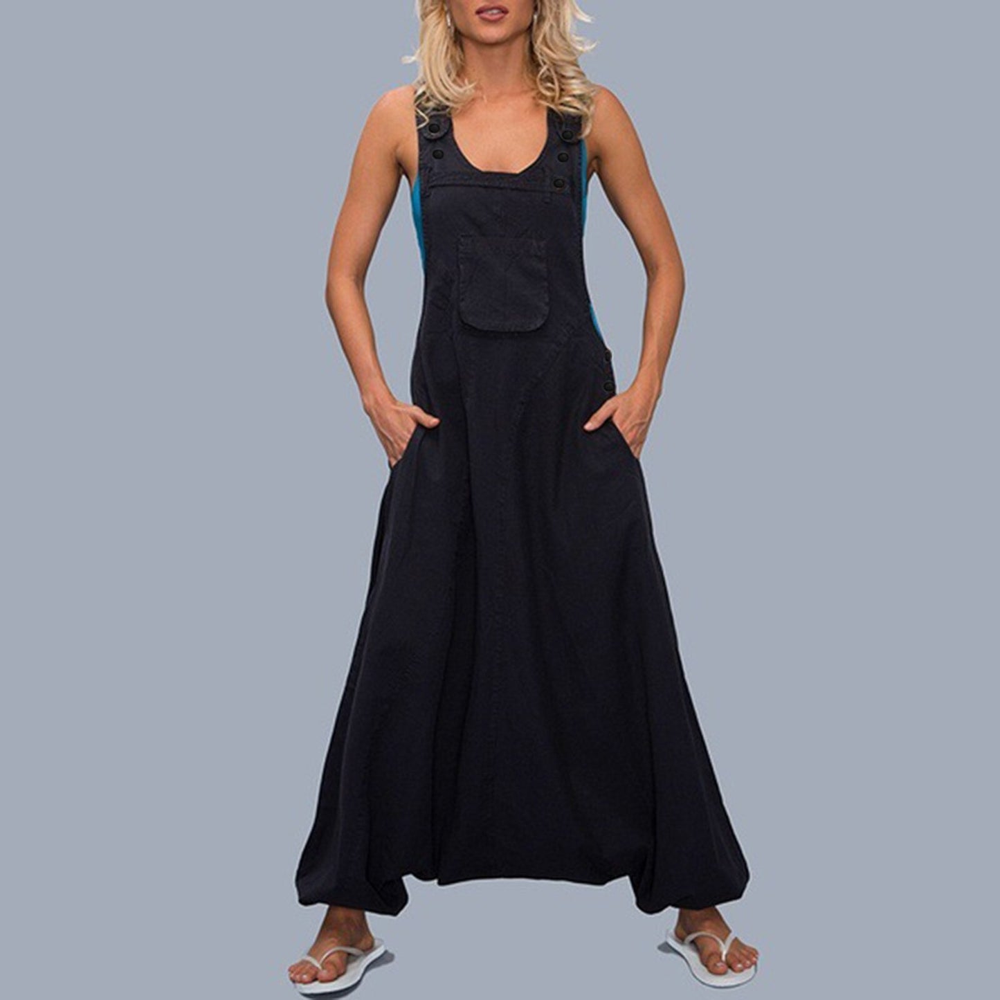 Womens Loose Jumpsuits Harem Pants Wide Leg Pants Sleeveless Pockets Bib Jumpsuit Siamese Trousers For Ladies Large Size S-2XL - Mammalook