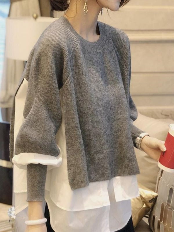 Shirt patchwork pullover sweater for women's autumn and winter vacation two-piece loose knit top, stylish lantern sleeves, versatile sweater - Mammalook