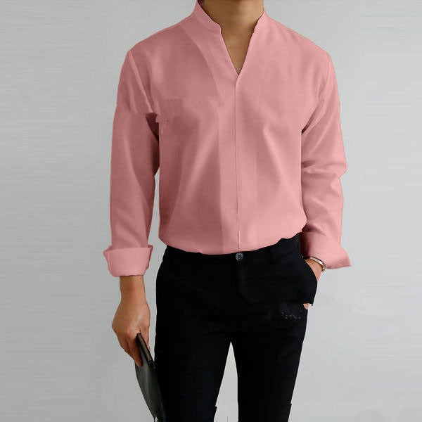 Shirt Men's Standing Collar Solid Color Fit Men's Shirt All Seasons - Mammalook