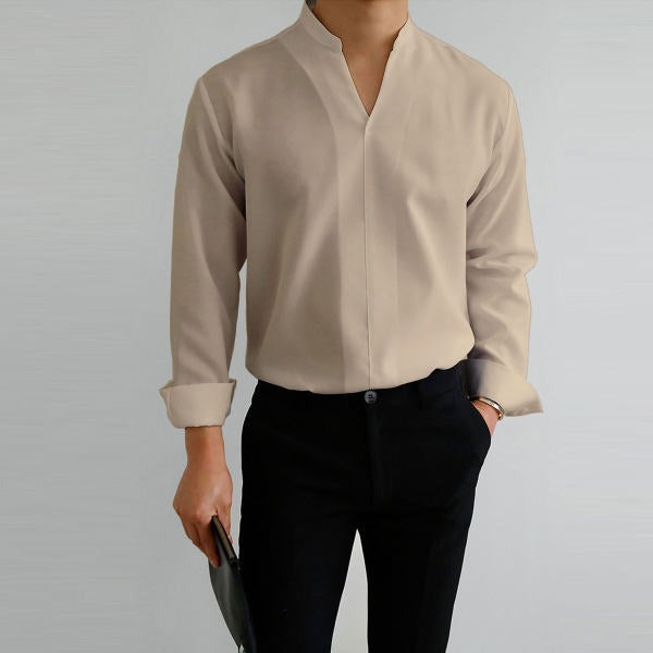 Shirt Men's Standing Collar Solid Color Fit Men's Shirt All Seasons - Mammalook