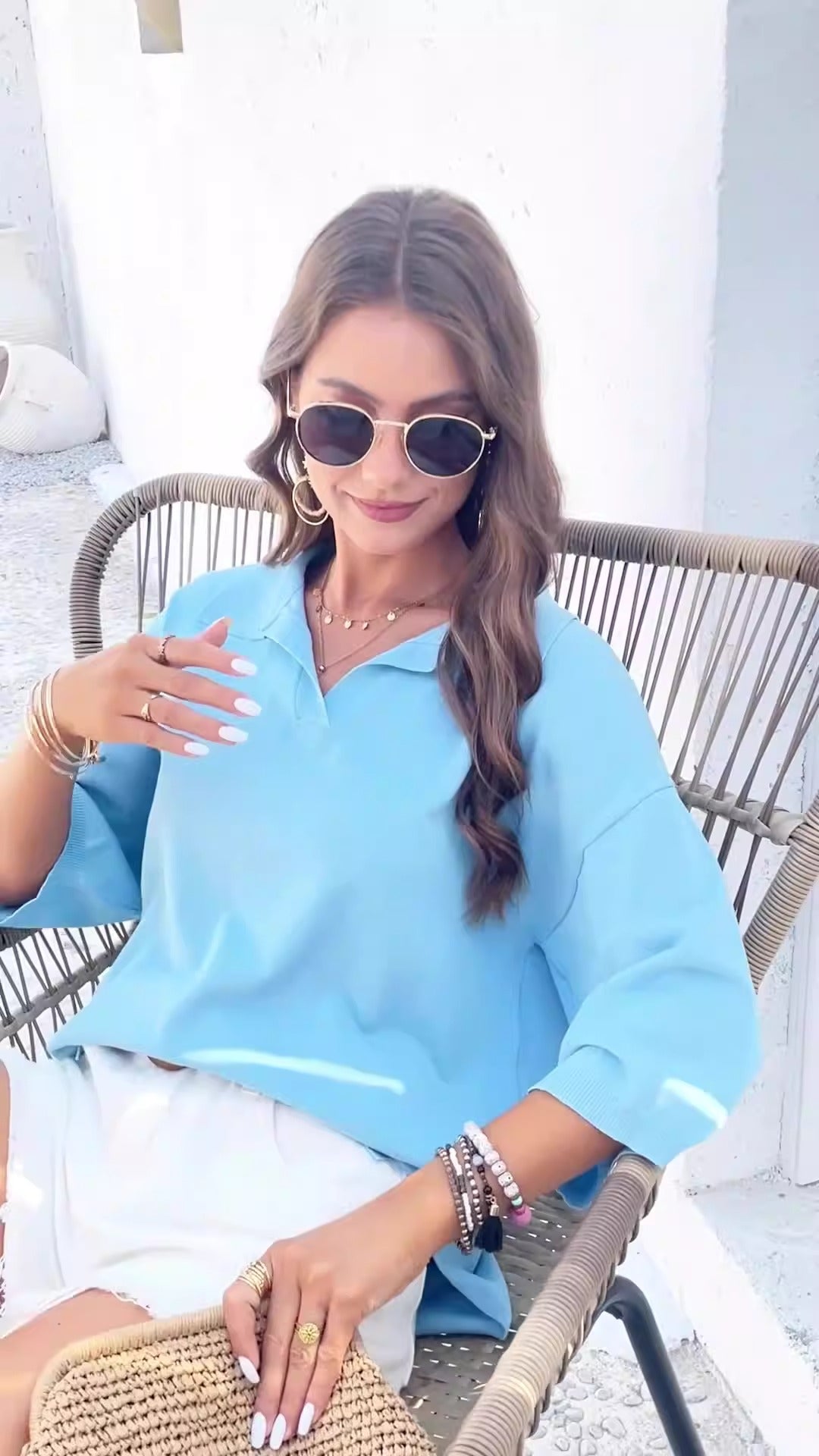 Women's spring and summer temperament solid color lapel loose sweater - Mammalook