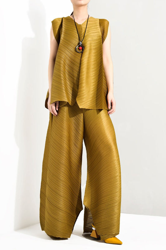Summer New Temperament Women Loose Casual Pleated Sleeveless Vest Loose Wide Leg Pants Sets Female Fashion - Mammalook