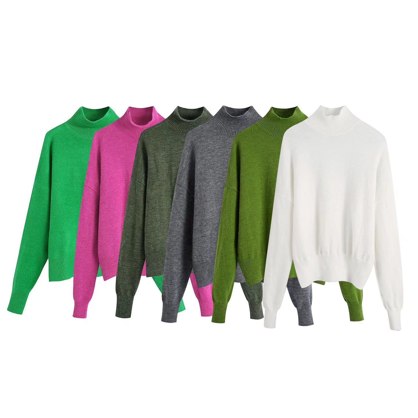 Women Fashion Solid Knit Sweater Top Long Sleeves High Neck Vintage Female Knitted Sweaters Pullover Chic Tops - Mammalook