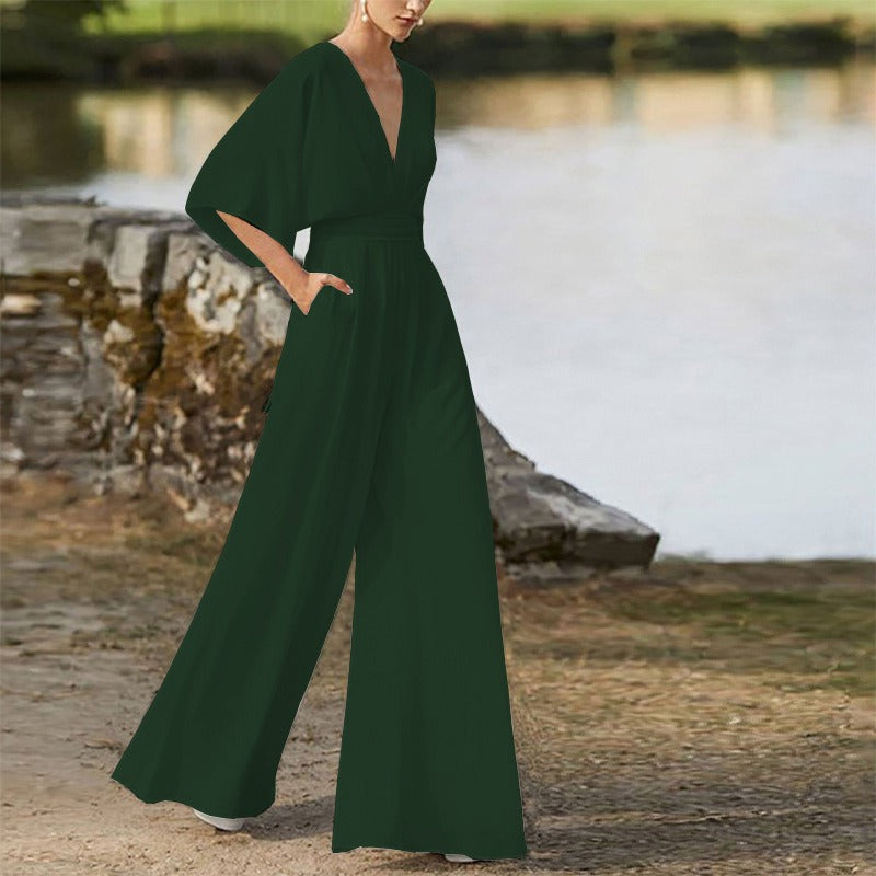 Jumpsuit deep V-high waist wide leg long pants women's dress - Mammalook