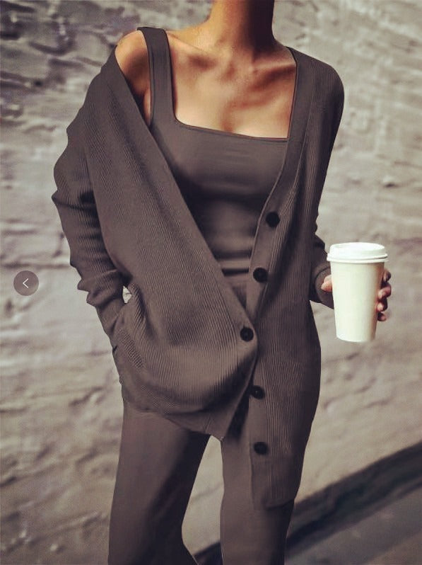 Solid color knitted jacket three piece set - Mammalook