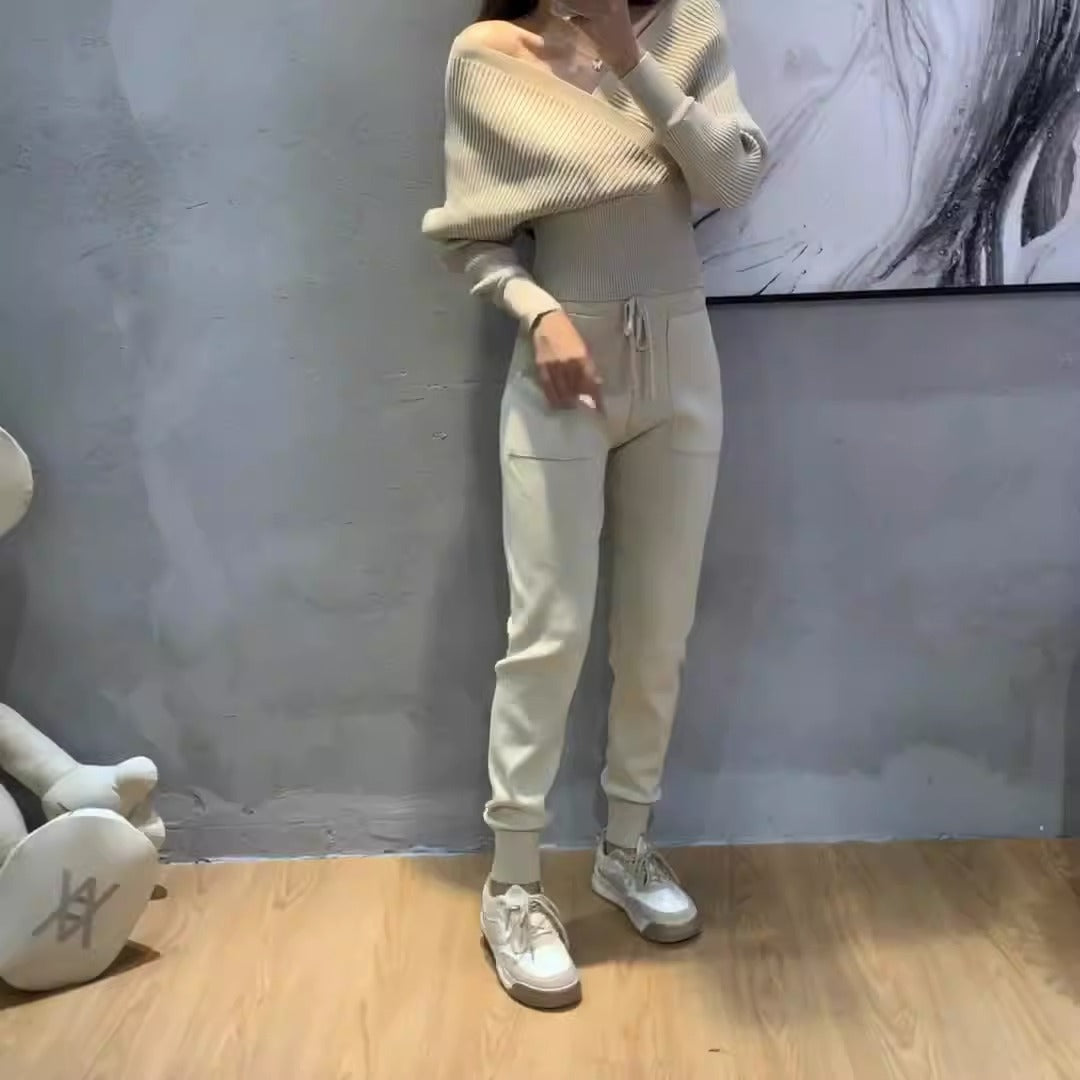 Double V-neck Sexy Off Shoulder Short Style Temperament Fashion Set Women's Spring Knit Two Piece Set - Mammalook