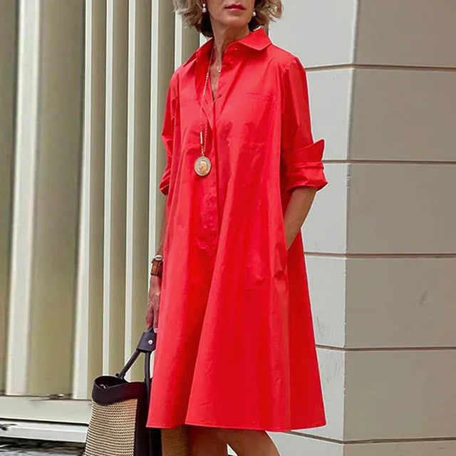 Shirt Dress - Casual Solid Color Long Sleeves with Turn-Down Collar - Mammalook