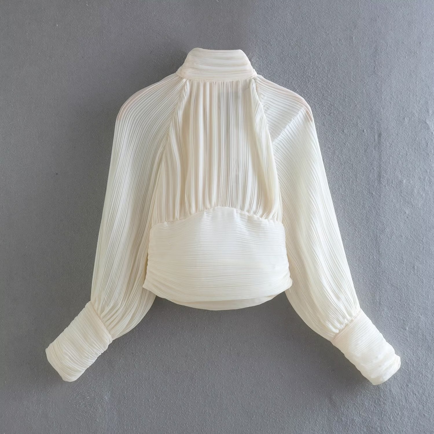Autumn New Fashion Elegant Style Half High Neck Open Back Lace up Pleated Shirt Women - Mammalook