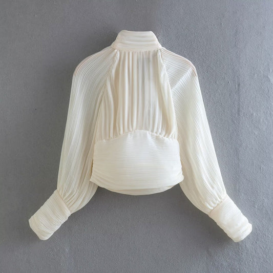 Autumn New Fashion Elegant Style Half High Neck Open Back Lace up Pleated Shirt Women - Mammalook