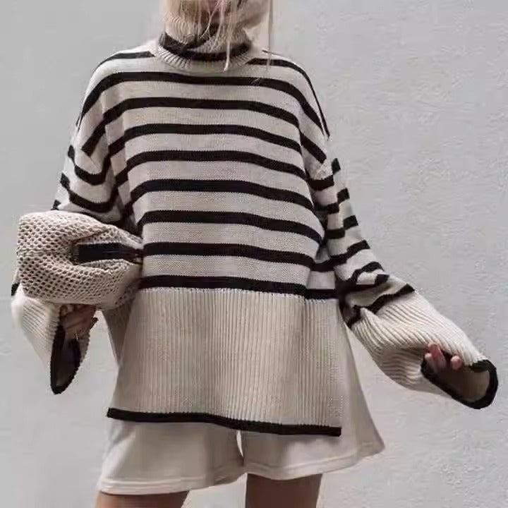 Versatile Knitting Turtleneck Striped Pullover Sweater For Women Long Sleeve Female Simplicity Clothing - Mammalook