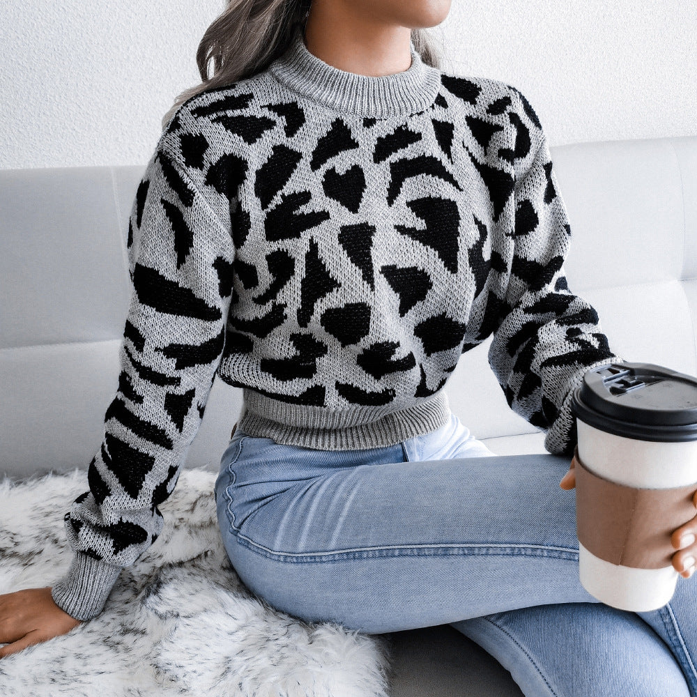 Casual Leopard Print Knit Sweater with Open Neck - Mammalook