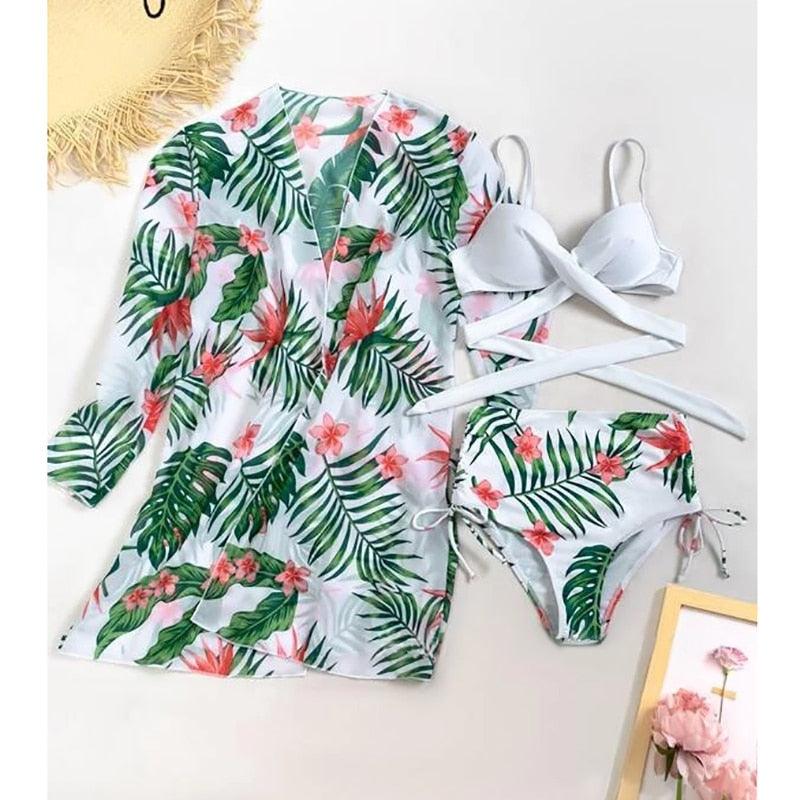 New Sexy Three Pieces Bikini Set Cover Up Swimwear Women Swimsuit Print Long Sleeve Bathing Suit Beachwear Swimming Biquini - Mammalook