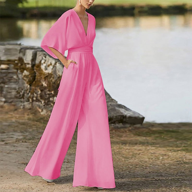 Jumpsuit deep V-high waist wide leg long pants women's dress - Mammalook