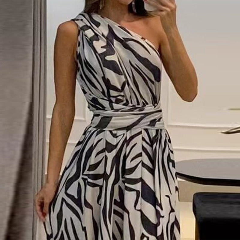 One-Shoulder Sleeveless Printed Long Dress