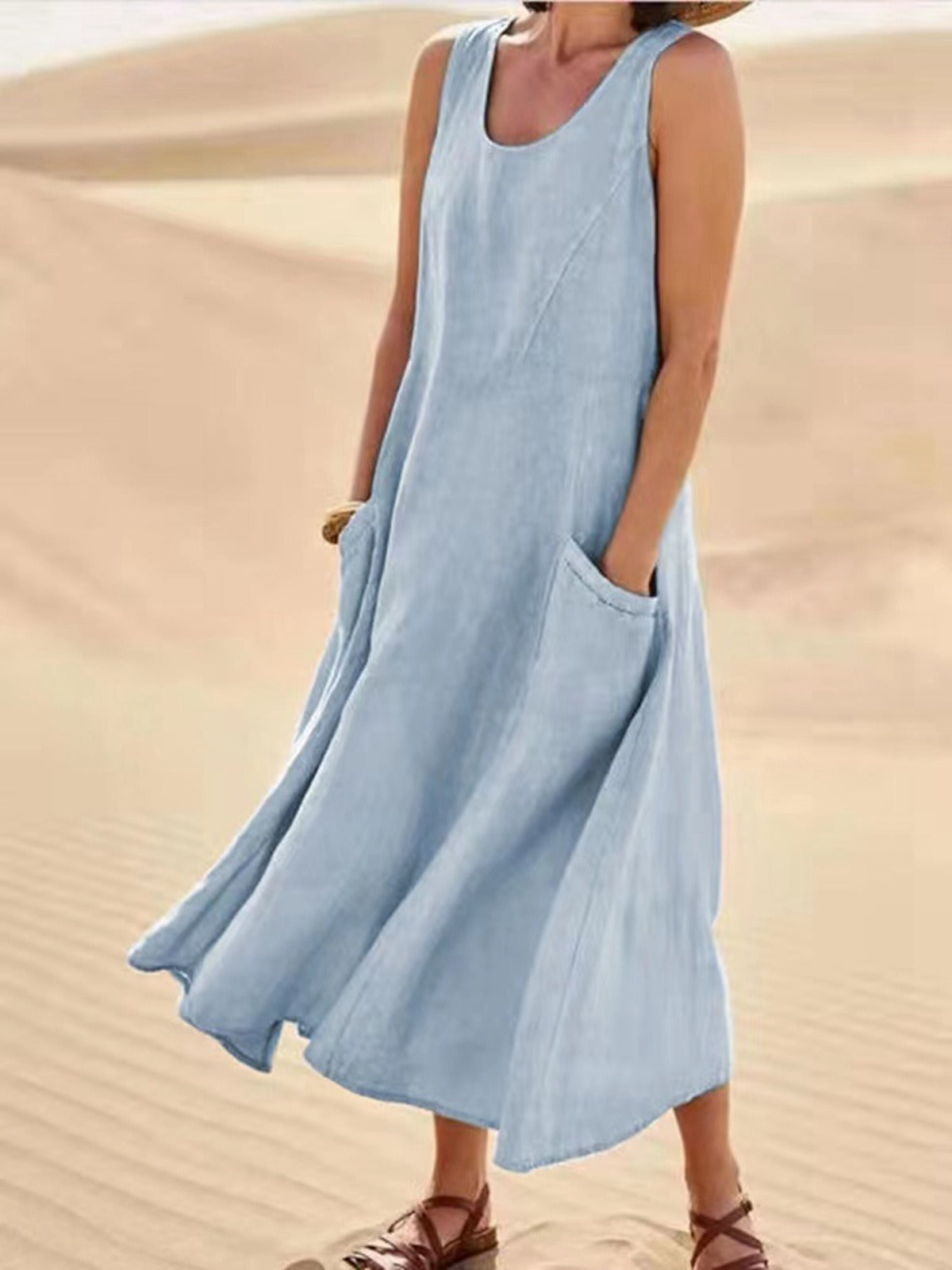 Pocket sleeveless round neck women's cotton and linen dress - Mammalook