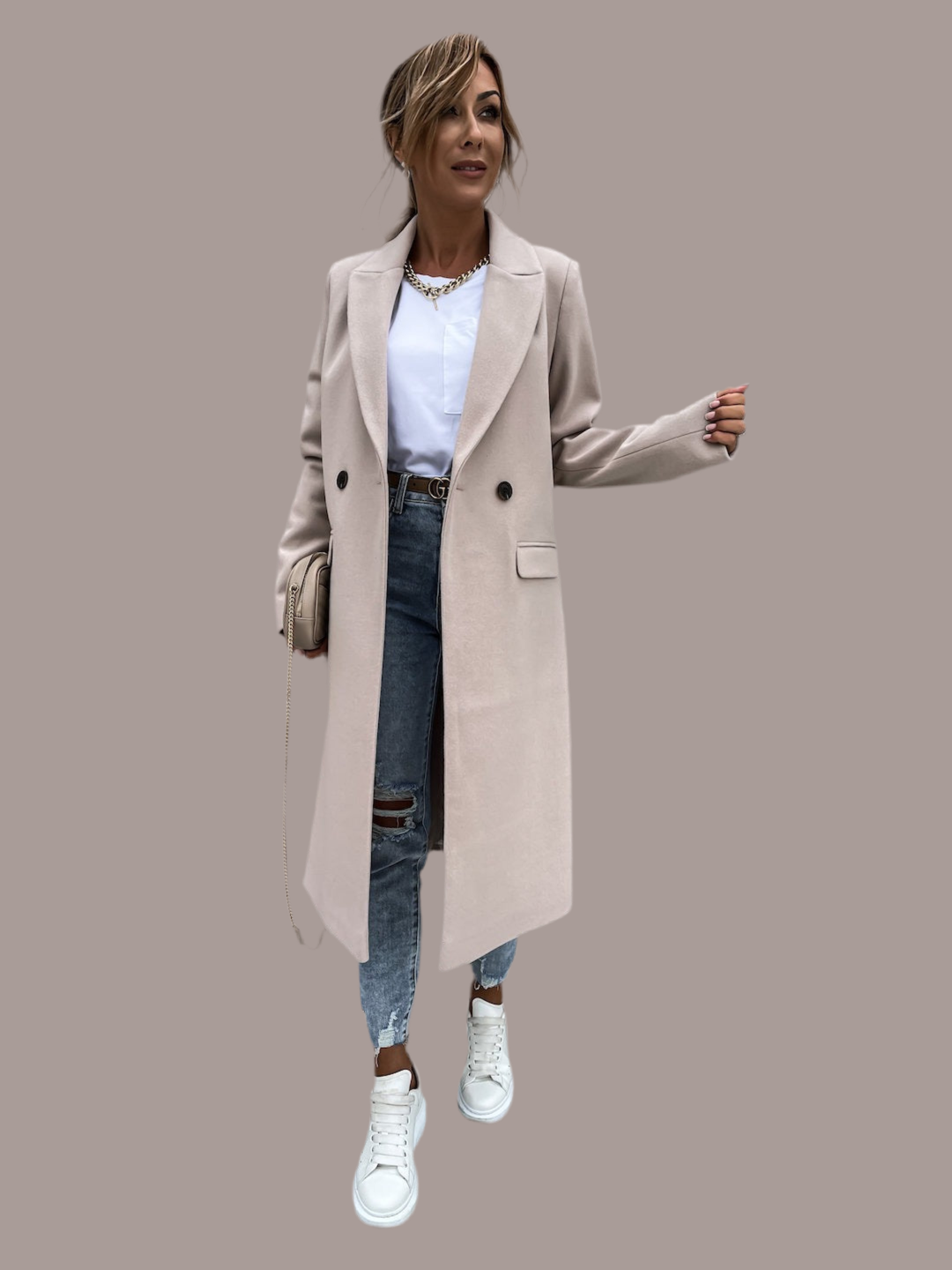 Hot selling autumn and winter color lapel, medium length button down woolen coat, outerwear for women