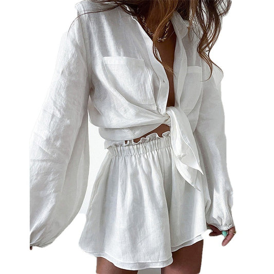 Casual ruffled edge shorts & shirt set
