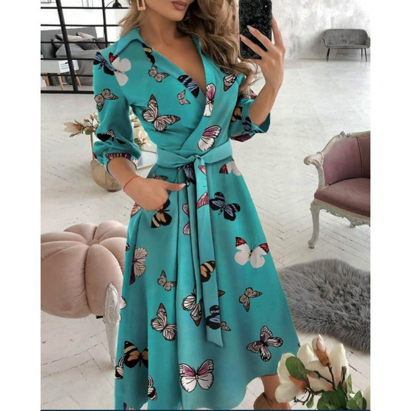 Fashionable short sleeved V-neck printed buttocks wrapped women's clothing - Mammalook
