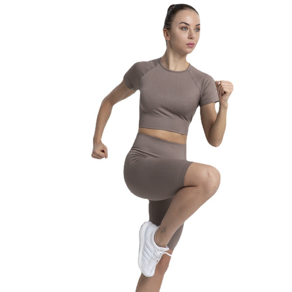 Threaded Yoga Suit Sportswear Summer Short-Sleeved Shorts Bra Tight-Fitting Clothes - Mammalook