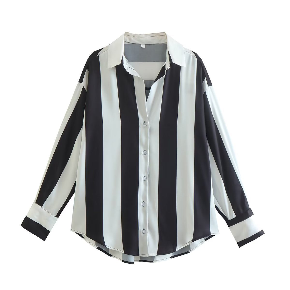 Autumn New Loose Slim Tricolor Vertical Stripe Splice Shirt Top Women - Mammalook