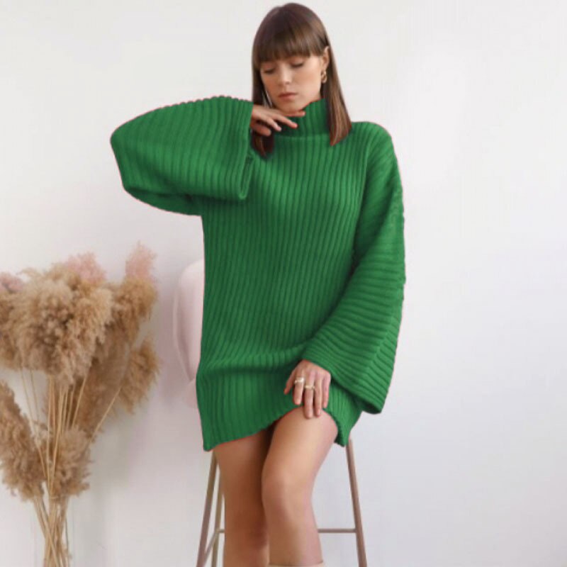 Turtleneck Knitted Women's Sweaters Pullover Solid Casual Loose Flare Sleeve Elegant Dresses For Female Winter Ladies Dress - Mammalook