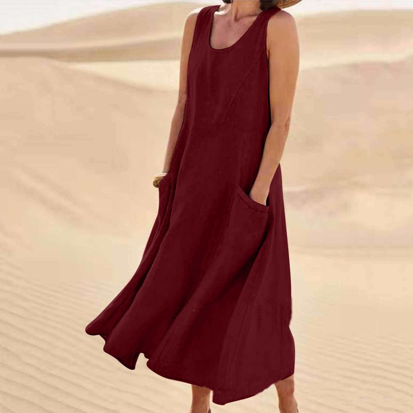 Pocket sleeveless round neck women's cotton and linen dress - Mammalook