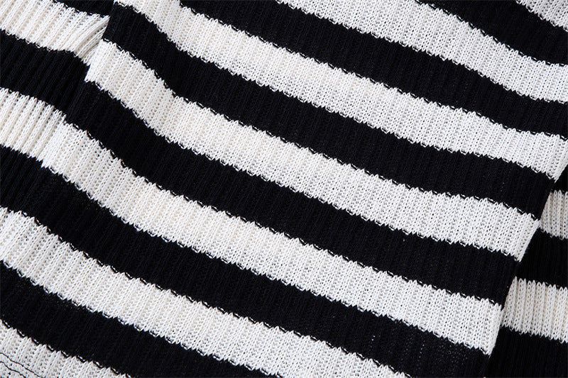 Autumn Women's Black And White Striped Top+Elastic Knitting Skirt Suit - Mammalook