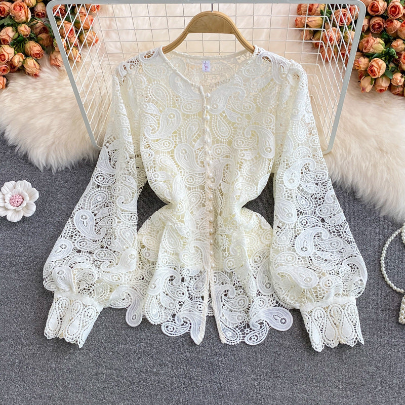 Round Neck Hollow Out Hook Flower Lace Shirt - Mammalook