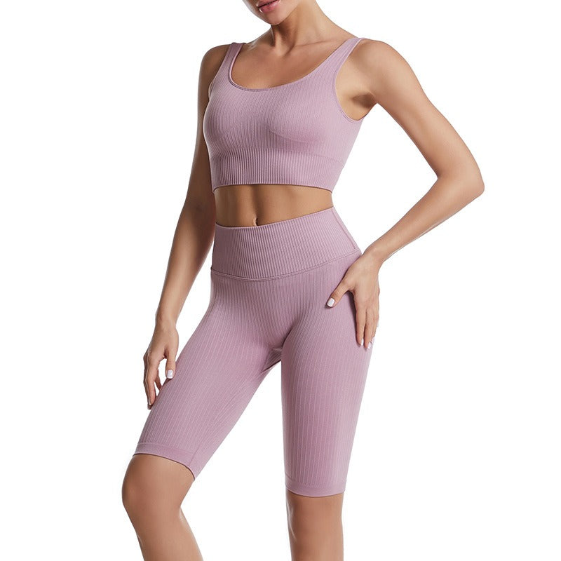 Threaded Yoga Suit Sportswear Summer Short-Sleeved Shorts Bra Tight-Fitting Clothes - Mammalook