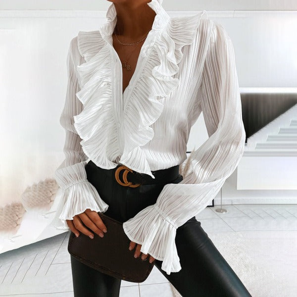 New ruffled flared sleeve pleated long sleeved shirt - Mammalook