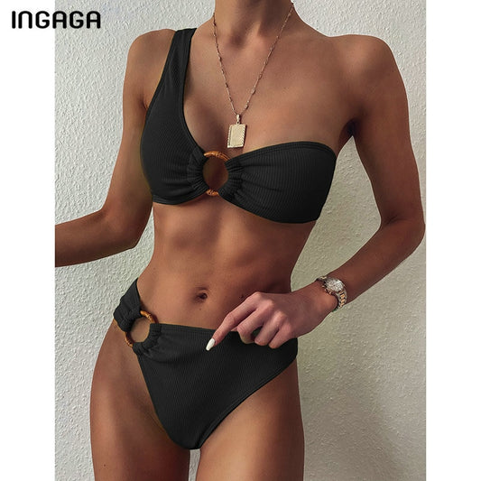 INGAGA One Shoulder Bikini Women's Swimsuit High Waist Swimwear Sexy Rings Biquini Black Ribbed Beachwear Brazilian Bikinis - Mammalook
