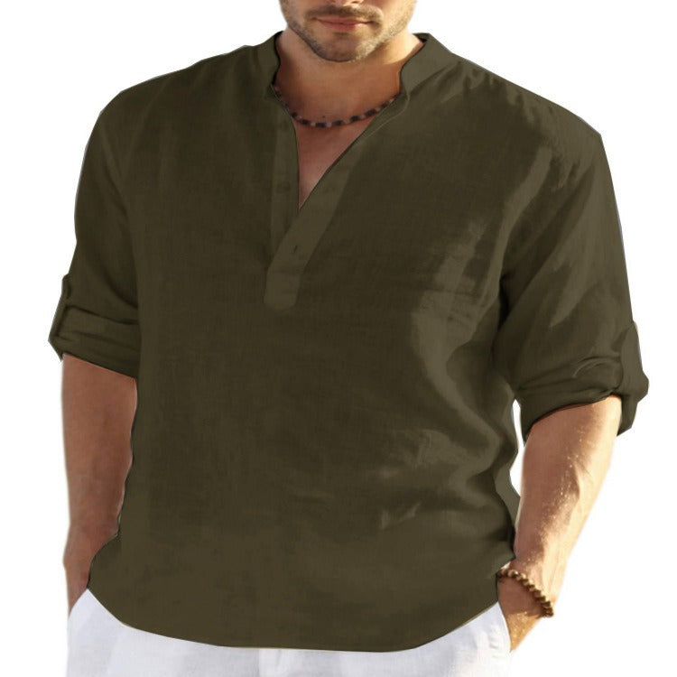 Mens Linen Long Sleeved T Shirt Loose Sweatshirt Solid Color Long Sleeved Cotton Linen Shirt Mens Large - Mammalook