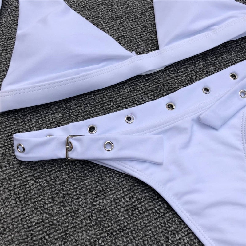 Strap Lace Buckle Bikini Swimsuit Women Padded Swimwear Sexy Plunge Neck Thong Bikini High Waist Biquini Monokini Bathing Suit - Mammalook