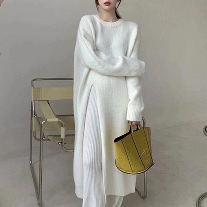 Women's Autumn New Dress O-neck Long Sleeve Loose Knitted Irregular High Split Pullover Sweater Dresses - Mammalook