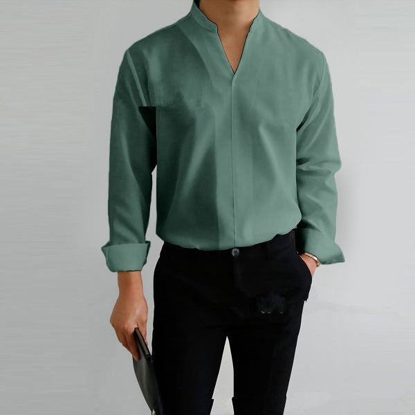 Shirt Men's Standing Collar Solid Color Fit Men's Shirt All Seasons - Mammalook