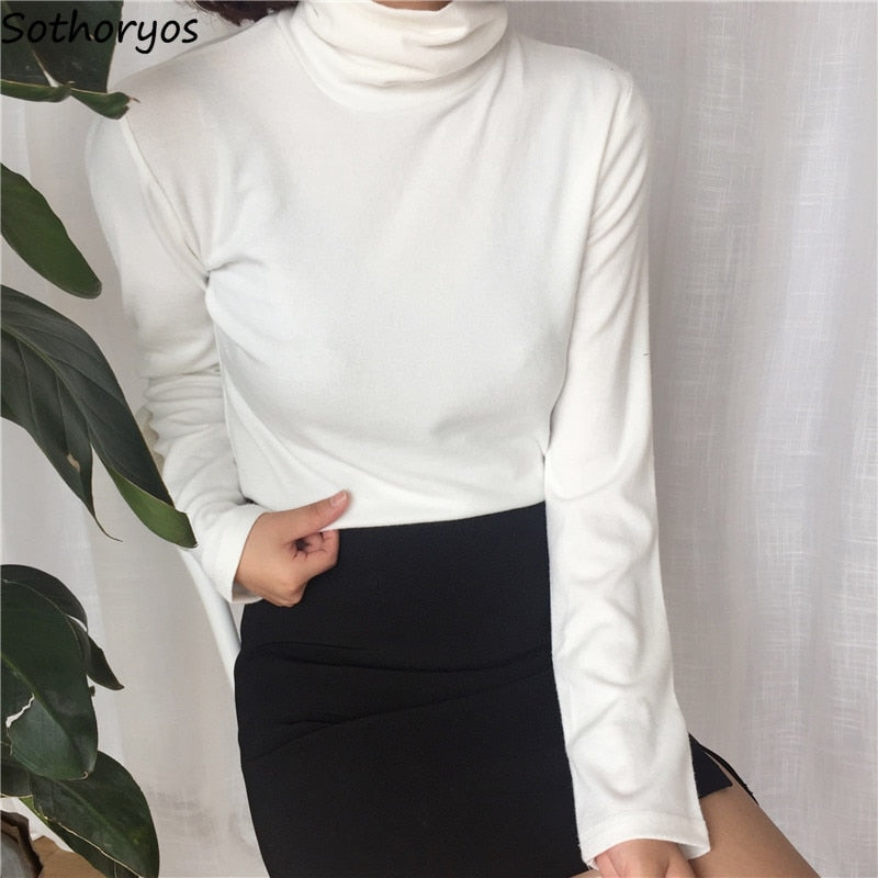 T-shirts Women Turtleneck Retro Chic Long Sleeve All-match Simple Student Daily Solid Sweet Womens Tshirt Korean Style Girls - Mammalook