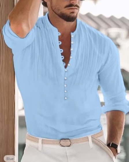 Cotton and Linen Mens Casual Button Round Neck Solid Standing Collar Shirt - Mammalook