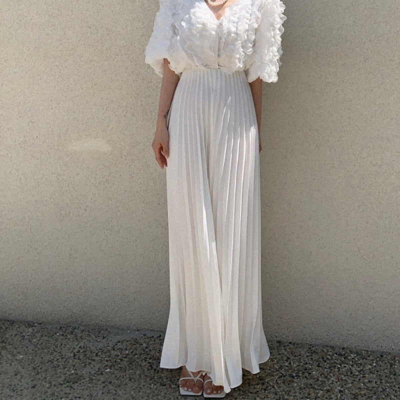 High Waist Ruched Pants - Casual Pleated Trousers