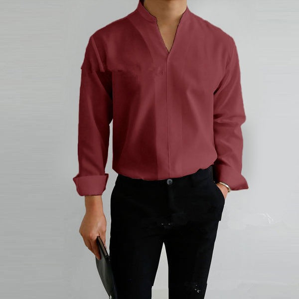 Shirt Men's Standing Collar Solid Color Fit Men's Shirt All Seasons - Mammalook