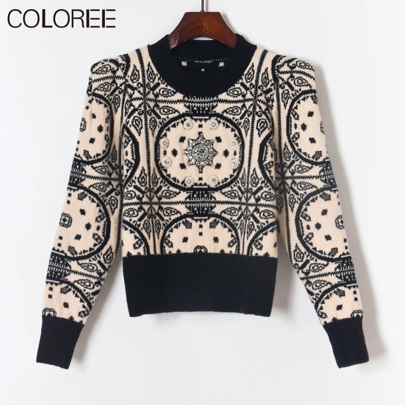 Vintage Jacquard Beading Sweaters for Women Fashion 2022 Autumn Winter Clothes Runway Designer Pull Femme Suéter De Navidad - Mammalook